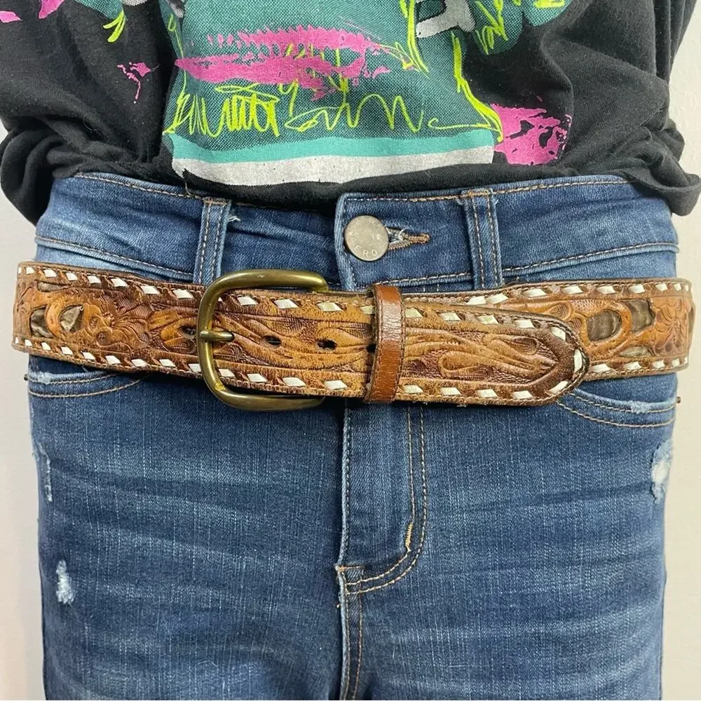 Vintage Distressed Worn Tooled Floral Cowboy Western Cowboy John Belt unisex 34